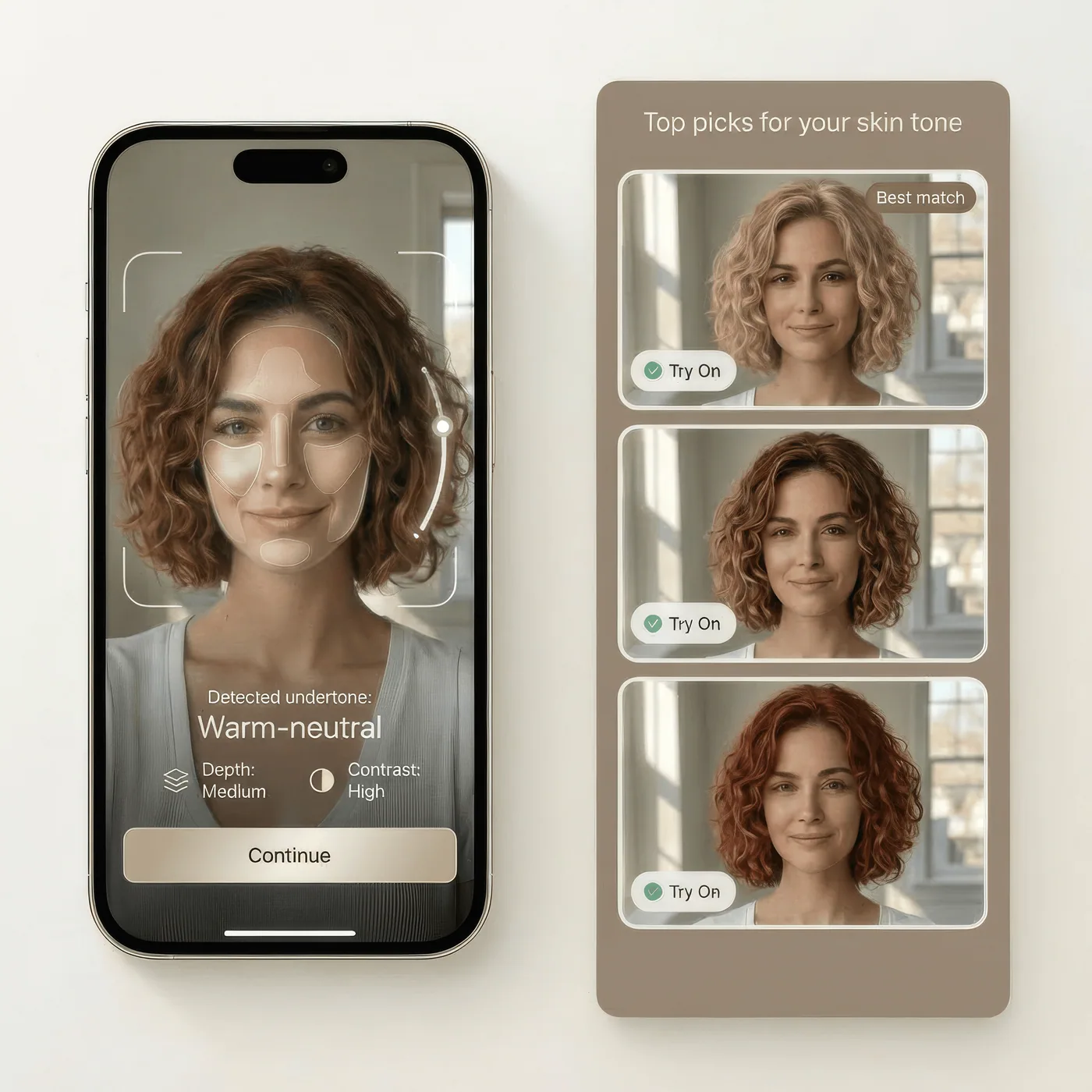 Hair color analysis preview showing skin-tone matching and hair color try-on picks.