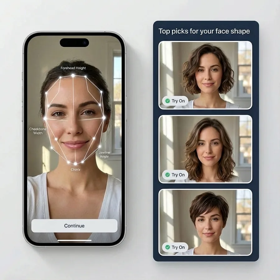 Adult woman with polished hairstyle variation cues and a premium mobile hairstyle report preview.